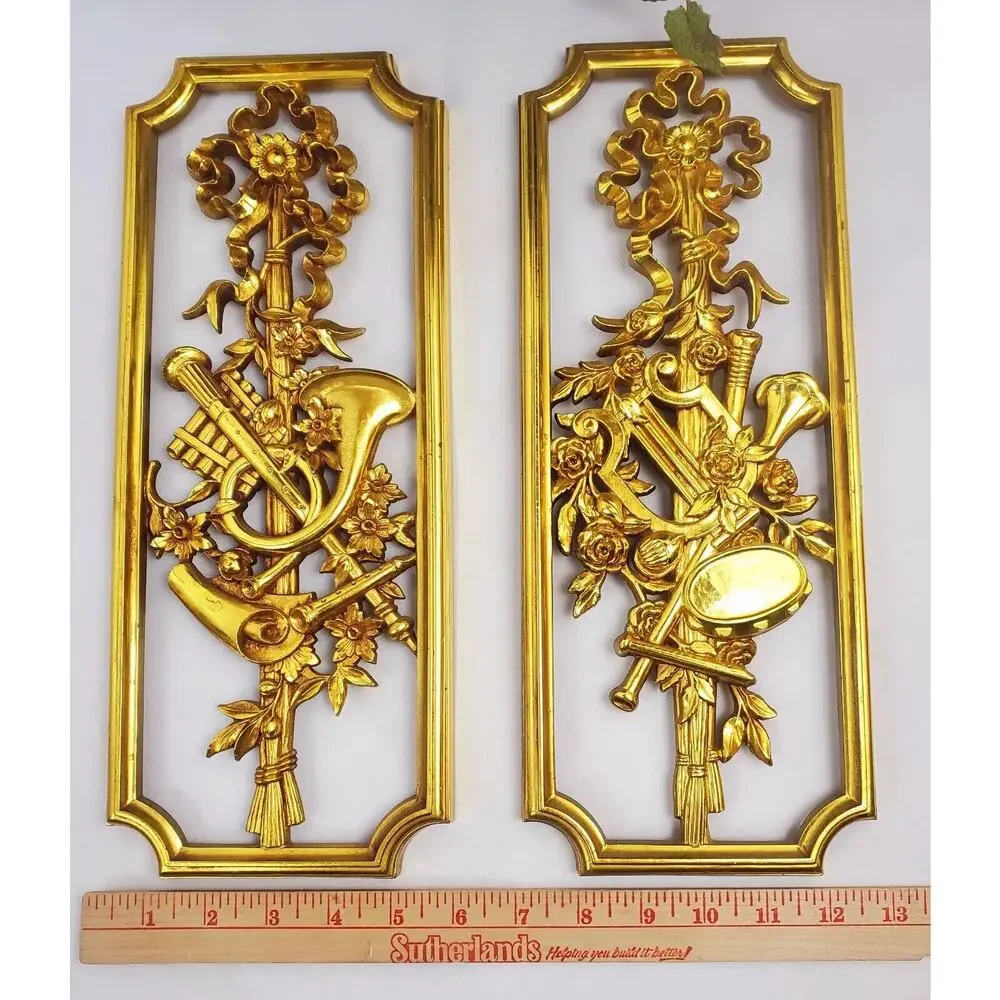 2 Syroco Homco Set Gold Musical Instrument Wall Plaques 1964 Vintage MCM Regency